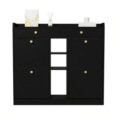 Elegant White Shoe Cabinet With 4 Hinged Doors, 2 Drawers, 3 Open Compartments – Perfect For Modern Hallways And Entryways, Dimensions 110 X 26 X 100 Cm