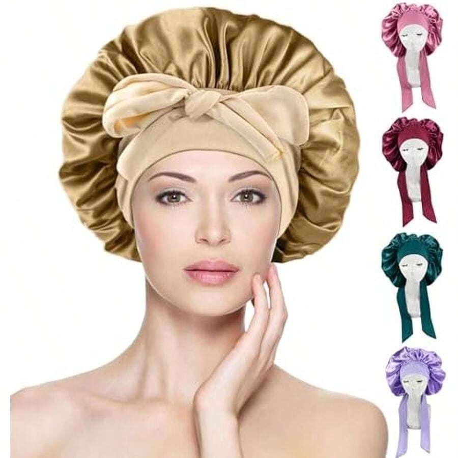 Gorro de Satén Suave Multiusos - Protección Nocturna para Dormir, Maquillaje y Baño, Capota Ajustable Cabello Largo Mujer con Correa de Corbata - 1-Dorado - Ver 1