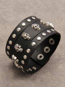 1pc Fashion Skull Rivet Unisex Wide Leather Bracelet, Punk Style Couple Bangle With Hidden Clasp, Suitable For Carnival Party, Music Festival Gift