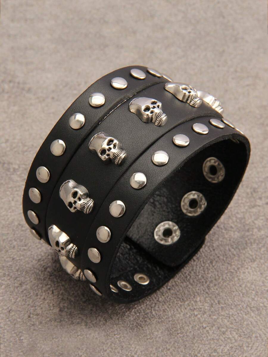 1pc Fashion Skull Rivet Unisex Wide Leather Bracelet, Punk Style Couple Bangle With Hidden Clasp, Suitable For Carnival Party, Music Festival Gift