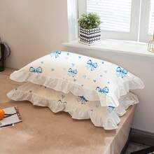 2pcs Set Fresh Floral Ruffle Solid Color Pillowcase, Breathable & Soft, Machine Washable, Suitable For All Seasons, Princess Style Minimalist Floral Pillowcase (Pillow Insert Not Included), Soft & Skin-Friendly For Student Dorm, Bedroom, Hotel - Blue and White - View 9
