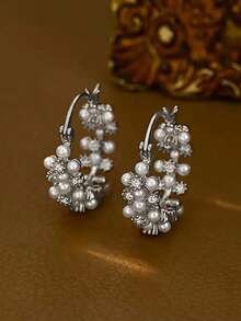 1 Pair Elegant French Geometric Faux Pearl Studded Design Hoop Earrings, Versatile For Women's Daily, Banquet, Party, Fashion - Silver - View 2