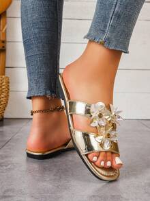 2026 Summer New Plus Size Handmade Floral Crystal Embellished Comfortable Flat Slip-On Sandals, Fashionable Outdoor Wear Beach Slippers For Women (Factory Direct) - Gold - View 5
