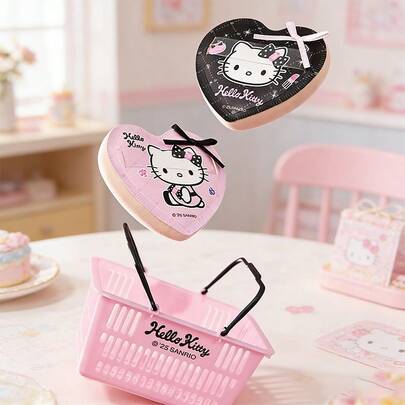 Miniso Sanrio Hello Kitty Sparkling Party Series Cotton Candy Puff Set - Heart-Shaped Dual Puffs (Pink & Black) With Hello Kitty Pattern, Matching Pink Plastic Storage Basket, Soft Fluffy Texture For Daily Makeup Application & Touch-Up (1 PC)