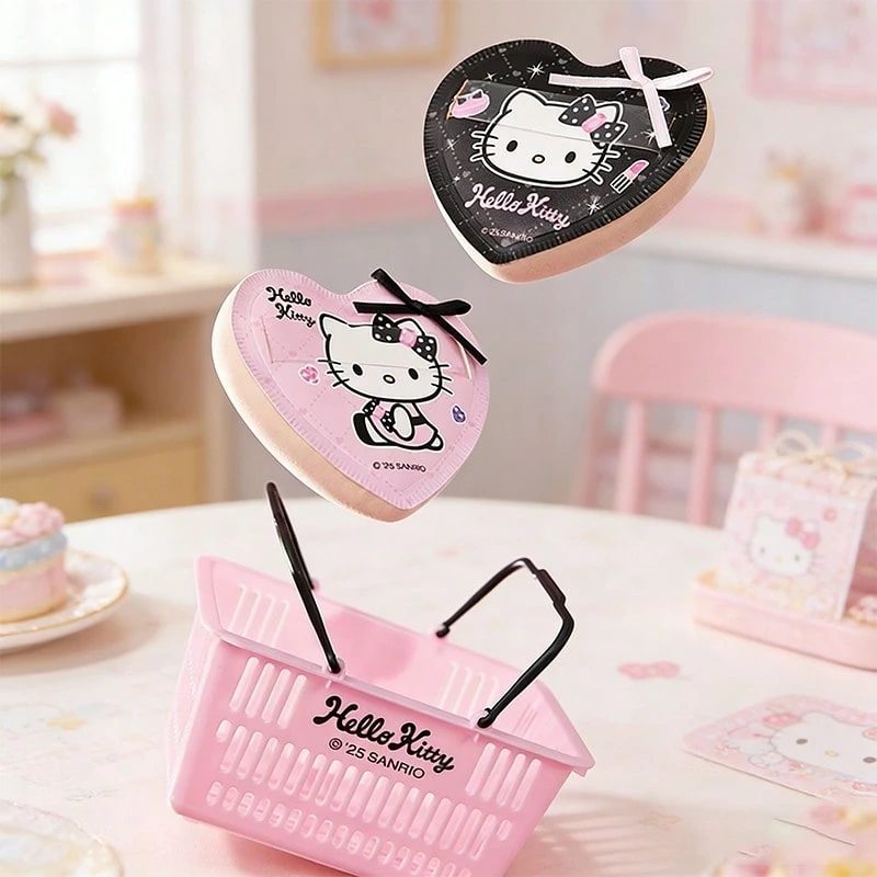 Miniso Juego de pompones de algodón de la serie Sparkling Party de Sanrio Hello Kitty - Pompones con forma de corazón (rosa y negro) con estampado de Hello Kitty, cesta de almacenamiento de plástico rosa a juego, textura suave y esponjosa para aplicación de maquillaje diario y retoques (1 pieza) - Multicolor - Ver 1