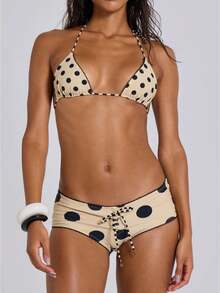 Conjunto de bikini de 2 piezas para mujer, top de bikini triangular con tiras y shorts de natación de tiro bajo, ropa de playa estilo Y2K - Beis - Ver 1