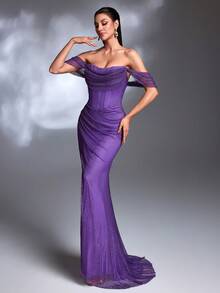 A Deep Purple Grid Sparkle Tulle Off-Shoulder Crisscross Lace-Up Open Back Ruched Waist High-Slit Mermaid Train Sexy Elegant Light Luxury High-End Evening Party Gown - Purple - View 4