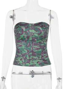 Summer Floral Print Tube Top, Suitable For Parties, Cocktail Events - Green - View 2