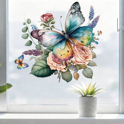 1pc Watercolor Butterfly, Green Leaves, Rose, Lavender Window Sticker, DIY Removable PVC Self-Adhesive Decal, Suitable For Spring Bedroom, Living Room, Balcony And Storefront Decoration