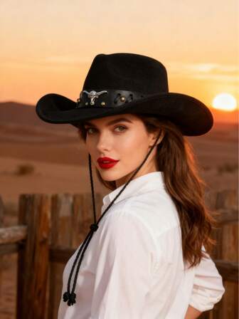 1piece Men's Polyester Western Cowboy Hat, Unisex Retro Style Hat, Bull Shape Decoration, Suitable For Daily Casual Wear, Western Cowboy Party, Bar Cowboy (Uniform Size)