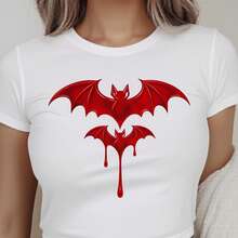 Women Short Sleeve T Shirt White Bat And Blood Drip Design Halloween Party Costume Top - Negro - Ver 1