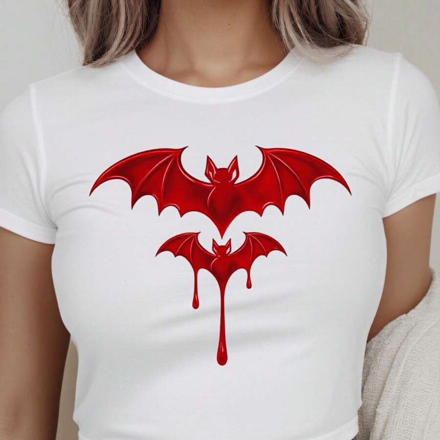 Women Short Sleeve T Shirt White Bat And Blood Drip Design Halloween Party Costume Top - Negro - Ver 1