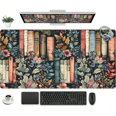 Floral Books Desk Mat Reading Desk Pad Mouse Mat XXL, Colorful Mouse Keyboard Pad Flower Bookshelf Desktop Mat, Long Computer Mats Aesthetic Desk Accessory Reader's Home Decor 14x24 Inch Multiple Designs Available