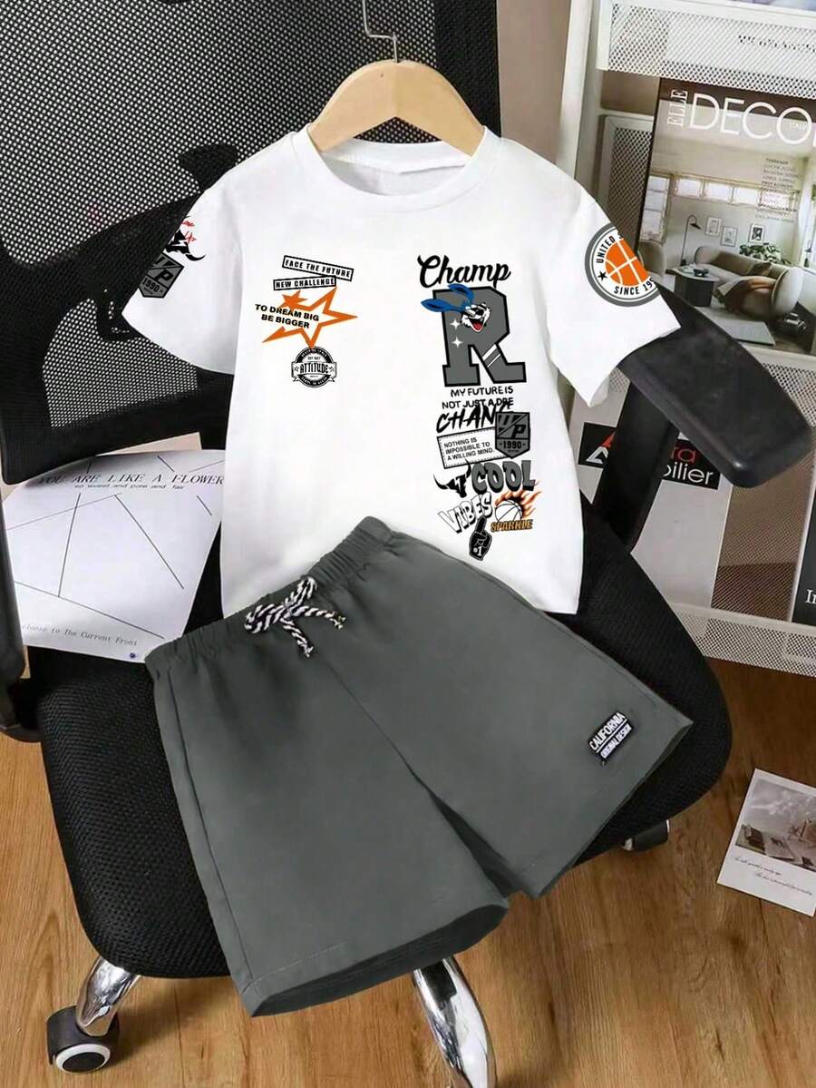 Tween Boy Crew Neck Cartoon Letter Print Short Sleeve T-Shirt And Drawstring Waist Shorts Casual Daily Outfit - White - View 1