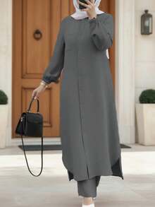 女士优雅休闲纯色纽扣设计灯笼袖长外套和长款阔腿裤套装，时尚休闲优雅可爱阿拉伯风格长裙两件套，适合春夏秋冬 - 深灰色 - 查看 4