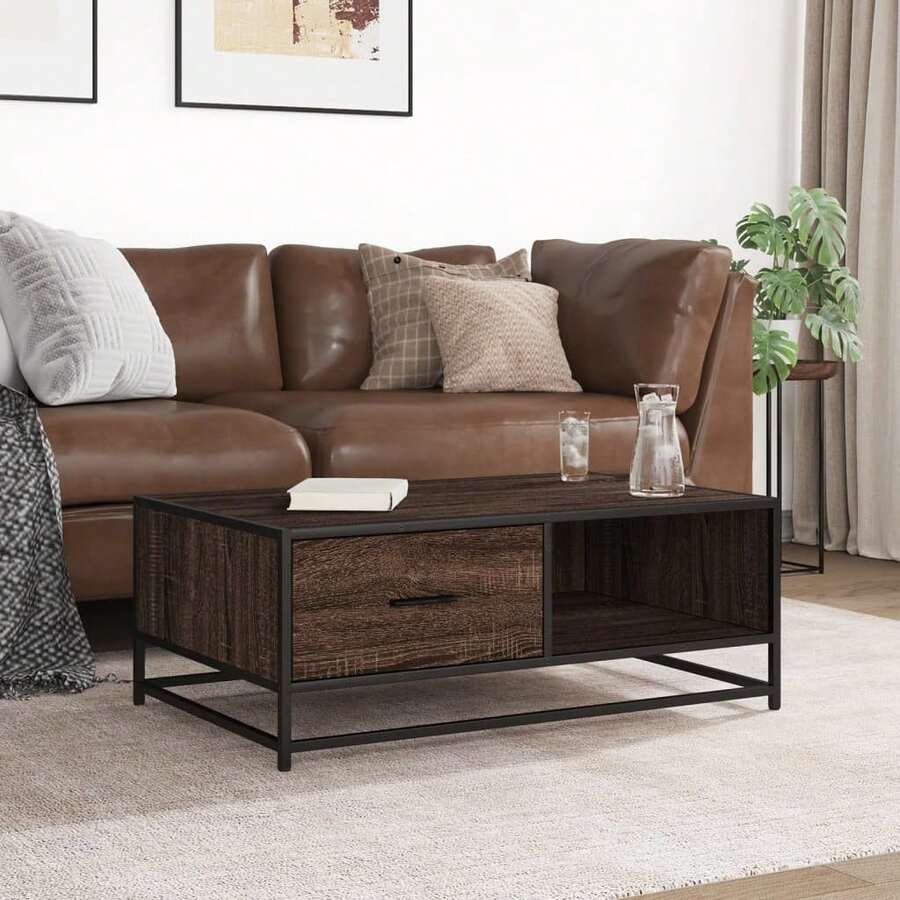 vidaXL Table basse chêne marron 90x57x35 cm bois d'ingénierie et métal