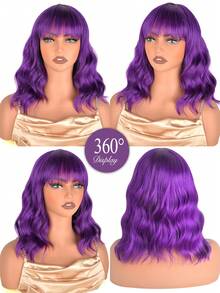 Heat Resistant 14 Inch Synthetic Soft Curly Wavy Wig With Bangs For Girls Women Black And White Shoulder Length High Quality Short Wavy Curly Bob Wig Full Bang Wig Cosplay Party Use Holiday Spring Valentine's Day Available Day Green Wig St. Patrick's - 深紫色 - 查看 2