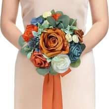 1 bó hoa cưới mùa thu cho phù dâu, màu xanh hải quân và cam cháy. - Nhiều màu - Xem 8