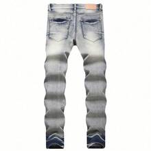 Pantalones vaqueros de mezclilla para hombre - Nuevos pantalones vaqueros de mezclilla de PU High Street de invierno-primavera - Pantalones vaqueros pequeños de ajuste elástico con parches de cuero bordados con agujeros para hombre - 6009# - Ver 3