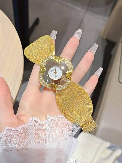 BAOHE 1pc Ladies' Gold Butterfly Strap Inlaid With Diamonds Quartz Wristwatch, Valentine's Day Gift