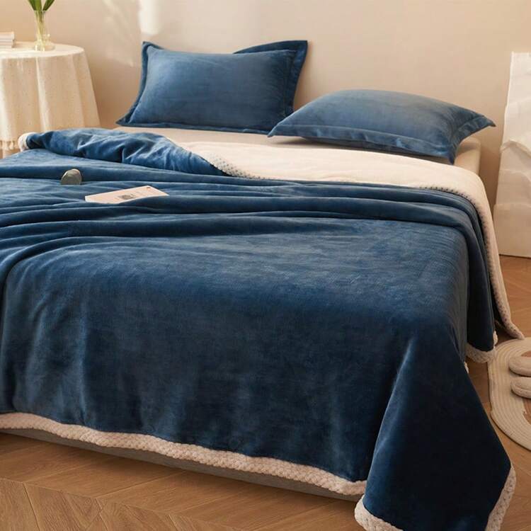 1 st förtjockad lång plyschimitationsbäddset för höst-/vintersäsongen, kan användas som filt, lämplig för sovrum - Marinblå - Visa 4