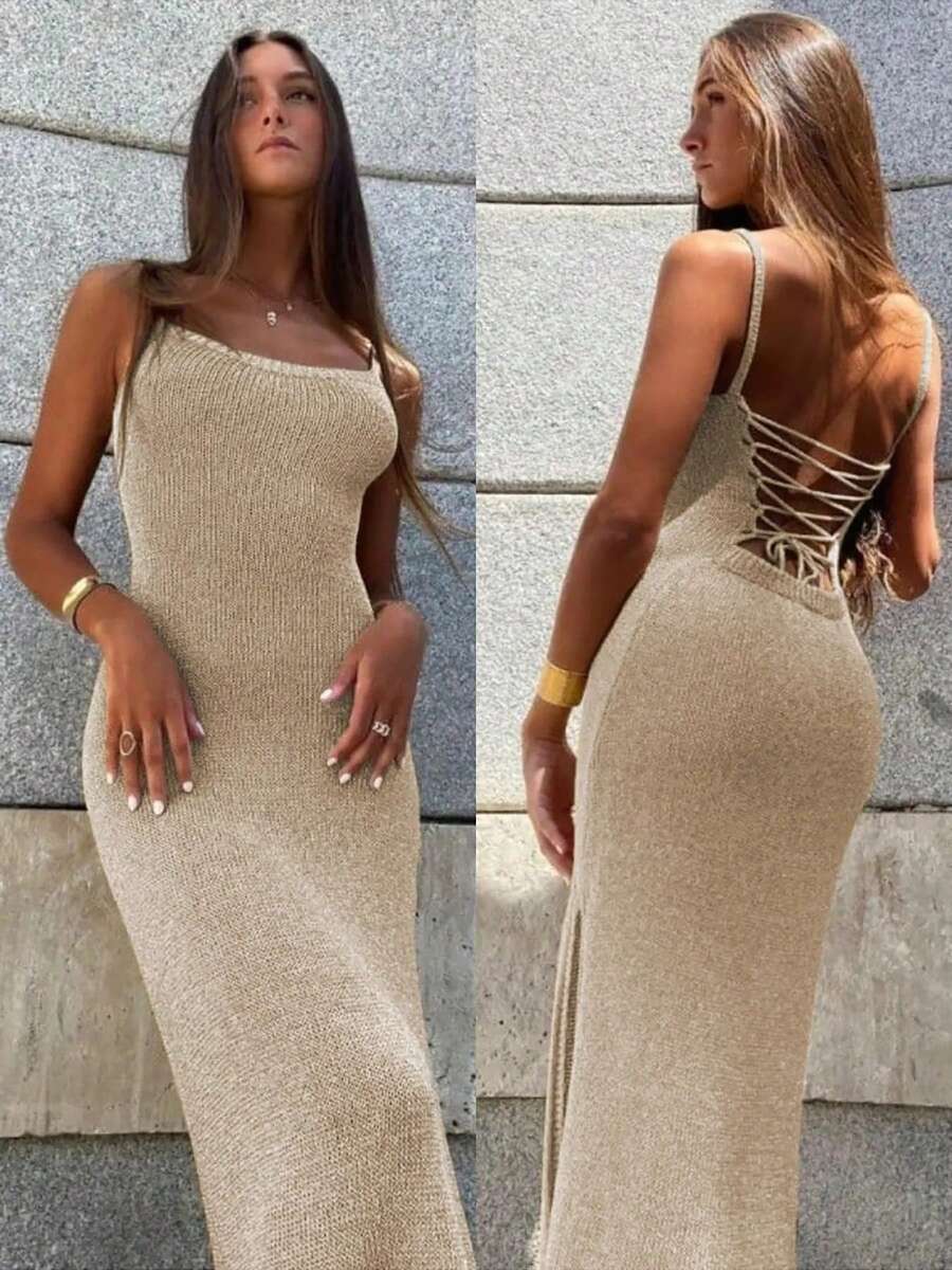 女士系带露背吊带针织连衣裙，夏季休闲无袖修身针织连衣裙，女士日常春季针织衫 - 杏色 - 查看 1