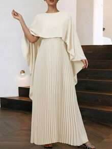 Women's Solid Color Cape Sleeve Pleated Splicing Mock Two-Piece Long Formal Maxi Dress, Elegant Celebrity Style Banquet Party Evening Gown For Valentine's Day, Wedding Guest & Banquet & Gala Dresses - 杏色 - 查看 6