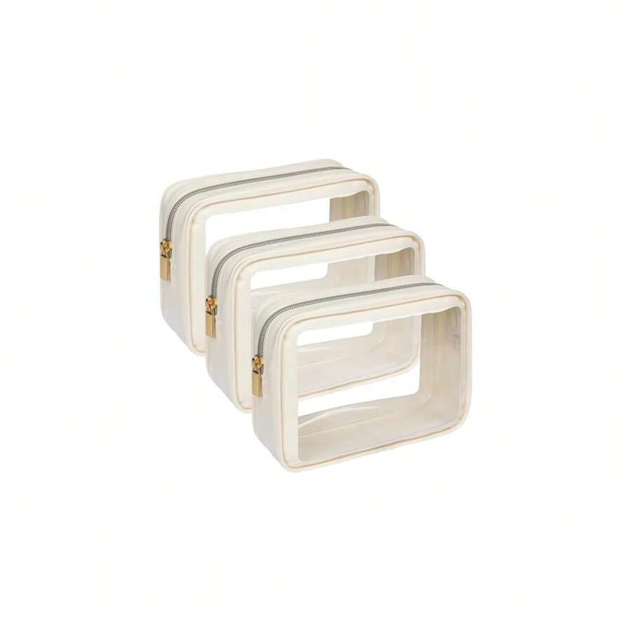 F-Color TSA Approved Toiletry Bag 3 Medium - Clear Toiletry Bag Clear Makeup For Women, Quart Size Travel Bag, Carry On Airport Airline Compliant Bag, Beige(For Age 12 Or Above) - 米色3件裝 - 查看 1