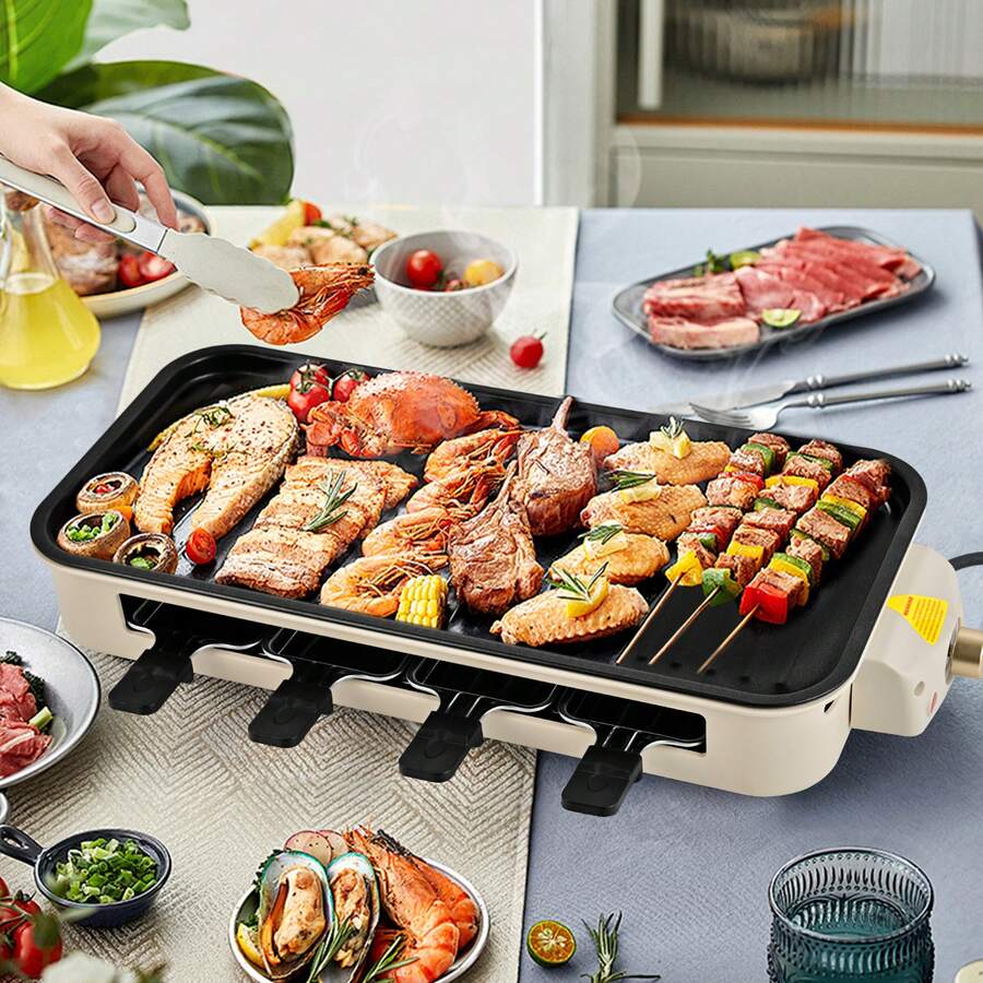 Smokeless Electric Grill SUSTEAS Features 3small Tray Baking Pans, Non-Stick Removable Grilling Plates, Portable Korean-Style Grill With Adjustable Temperature Control, Dishwasher, 1500W Power. Standard Edition