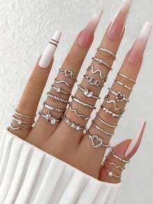 Set Of 28 Pieces Of Simple And Thin Wavy Rings, Geometric Heart Rings, Women's Accessories. - Bạc - Xem 2