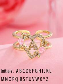 1 pieza Anillo con inicial de flor en tono dorado A-Z con corazón de circonita cúbica, anillo abierto ajustable para mujeres, joyería de regalo de cumpleaños personalizada - Amarillo Oro - Ver 1