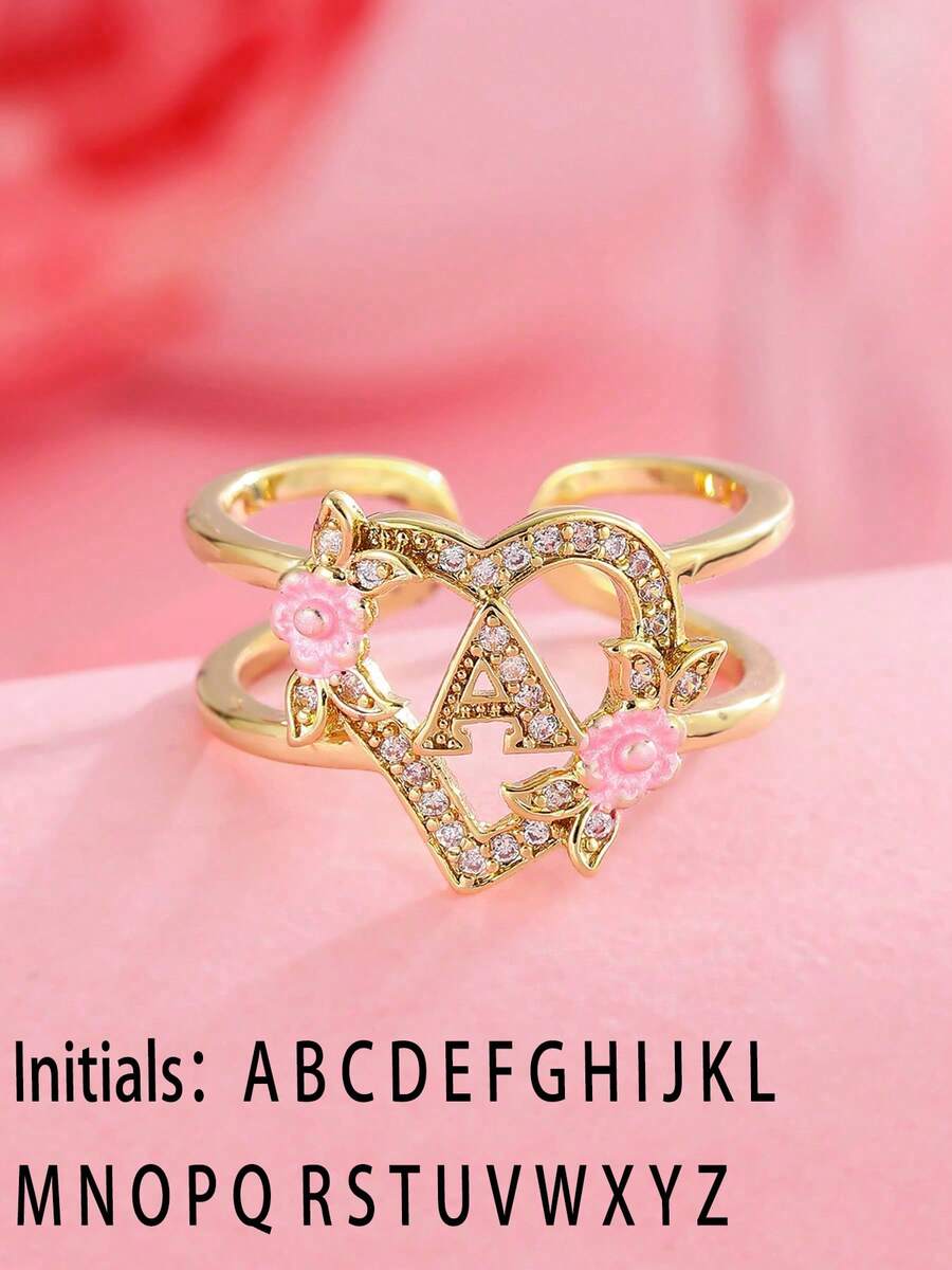 1 pieza Anillo con inicial de flor en tono dorado A-Z con corazón de circonita cúbica, anillo abierto ajustable para mujeres, joyería de regalo de cumpleaños personalizada - Amarillo Oro - Ver 1