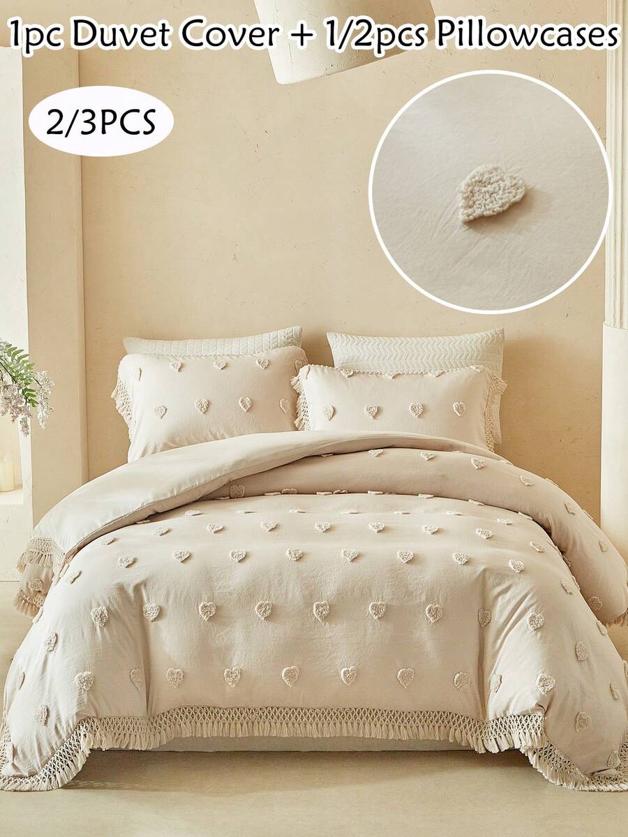 Bộ ga trải giường 2/3 món màu kaki họa tiết trái tim, chất liệu polyester jacquard, có tua rua, phong cách Boho hiện đại, mềm mại và thoáng khí, có thể giặt máy, nhiều kích cỡ, trang trí phòng ngủ phong cách Boho (1 ga trải giường + 1/2 vỏ gối, không kèm ruột chăn) - Màu Khaki - Xem 1