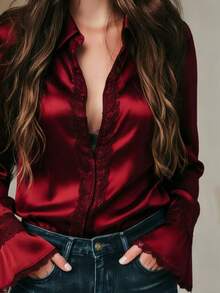 Áo sơ mi nữ thanh lịch kiểu vintage bằng satin và ren, cổ bẻ, cài cúc, thích hợp cho tiệc tùng, hẹn hò, ngày Valentine, Tết Nguyên Đán và mặc thường ngày, mùa thu/đông. - Đỏ - Xem 5