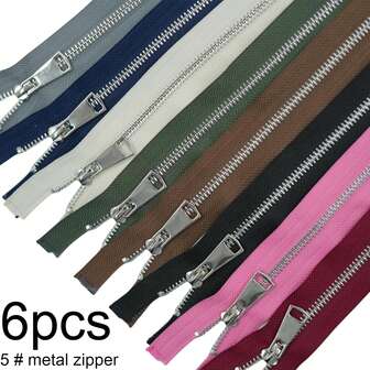6 piezas Cremallera metálica N.º 5 plateada desmontable con dientes en Y, tela gruesa, cierre suave, adecuada para chaquetas acolchadas, chaquetas, manualidades, carteras, herramientas de costura DIY, múltiples colores y tamaños