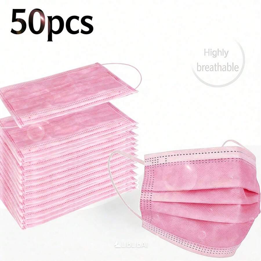50 Pcs Disposable 3 Ply Earloop Face Masks, Suitable For Home, School, Office And Outdoors (Pink)  PP    Spring, Summer, Autumn, Winter - Pink - View 1