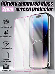 MSRI 2pcs, Pink Glitter Edge Tempered Glass Screen Protector, Anti-Scratch, Anti-Collision, Water-Resistant, High-Definition Tempered Glass Screen Protector, Compatible With Apple 11/12/13/14/15 Pro Max/16 Plus/16 Pro/16 Pro Max/16e/17/17 Air/17 Pro/17 Pro Max Series Phone Accessories - Pink - View 21