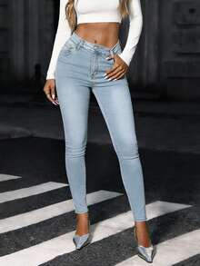 Stylish Rhinestone Hollow Out Back Waist Women's Light Blue Skinny Cropped Distressed Jeans