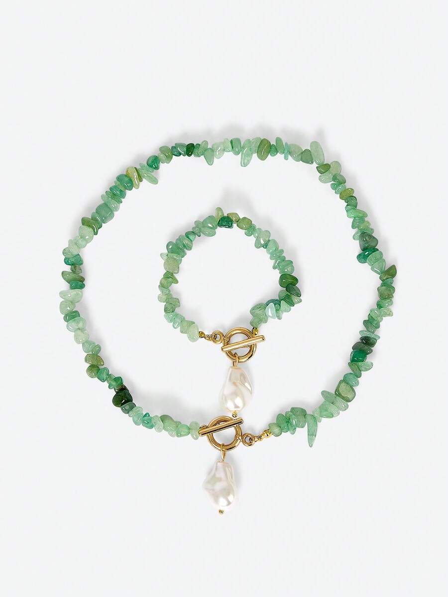 Opalesca Women's Turquoise Chip & Faux Baroque Pearl Jewelry Set, Includes 2 Elegant Alloy Fashion Accessories Suitable For Daily Wear - Necklace & Bracelet Set - Mint Green - View 1