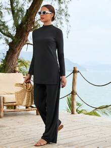 VFJ Women's Conservative Black Modest Burkini Swimsuit, Round Neck Long Sleeve High Waist Bottom, High Elasticity And Opaque - Black - View 7