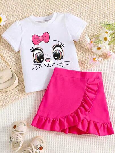 少女卡通印花短袖上衣和荷叶边半裙两件套