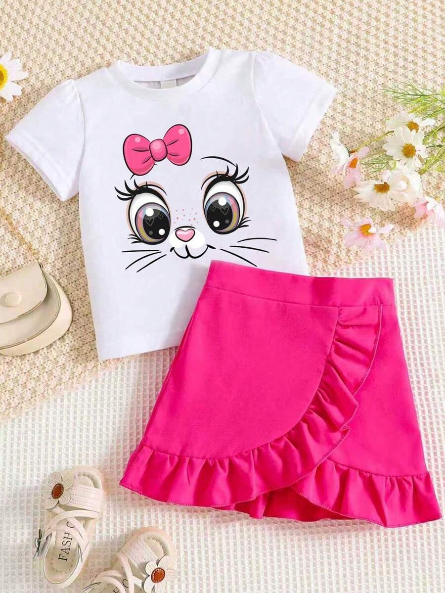 少女卡通印花短袖上衣和荷叶边半裙两件套 - 白色 - 查看 1