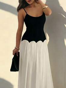 2026春夏新款时尚性感优雅日常旅行度假茶会黑白撞色吊带V领连衣裙，女士夏季连衣裙，女士邮轮套装，女士沙滩套装，女士度假套装，春季连衣裙，街头服饰，女士休闲连衣裙，Y2K女装，晚宴礼服，夏季连衣裙 - 黑與白 - 查看 3