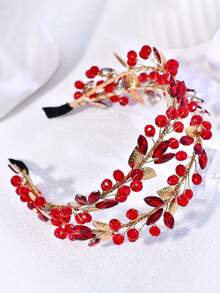 1件水钻双排发箍，闪亮合金叶片装饰水晶发箍，适合新娘、婚礼、派对、约会、休闲、情人节等场合，女士发饰 - 紅色 - 查看 6
