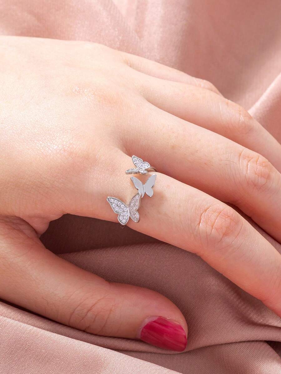 1 pieza Anillo ajustable elegante con forma de mariposa y micro-incrustaciones de circonita, adecuado para adolescentes y el Ramadán - Plateado - Ver 1