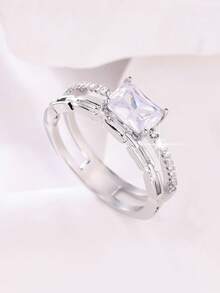 1pc Women's Fashion Minimalist Elegant Wedding Ring, Inlaid With Sparkling Synthetic Cubic Zirconia, Exquisite High-End Mother's Day, Valentine's Day, Christmas Gift, Minimalist Style Versatile Elegant Shiny Women's Jewelry - Silver - View 1