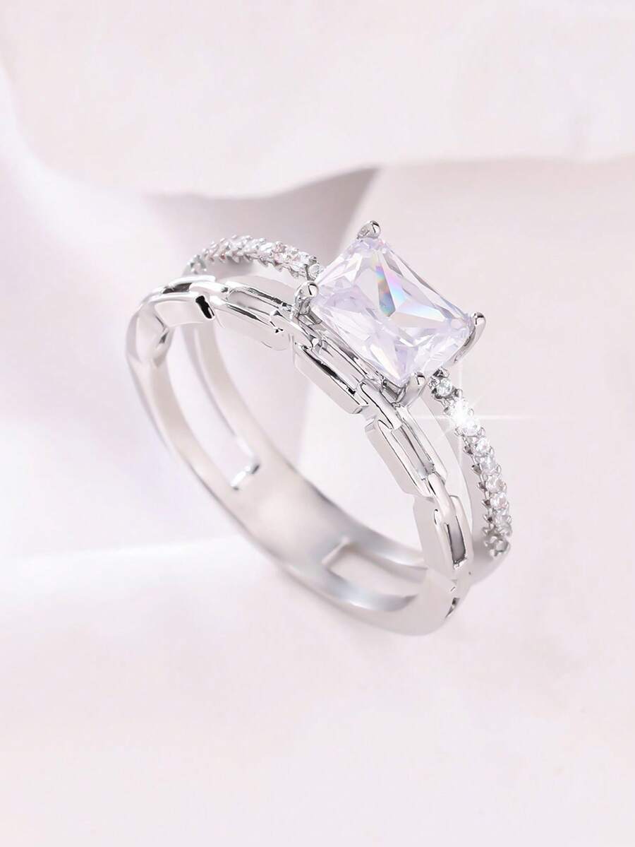 1pc Women's Fashion Minimalist Elegant Wedding Ring, Inlaid With Sparkling Synthetic Cubic Zirconia, Exquisite High-End Mother's Day, Valentine's Day, Christmas Gift, Minimalist Style Versatile Elegant Shiny Women's Jewelry - Silver - View 1