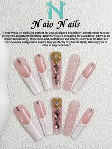 NAIO 10片/套。4.5厘米手工方形美甲贴片，Y2K复古风，裸色和白色可选，法式边，镶满水钻，奢华美甲，饰以仙女棒和水钻，适合女性和女孩，完美适用于派对和日常佩戴。包含一套美甲工具。送给女性和女孩的精美礼物。美甲用品 - 彩色 - 查看 4