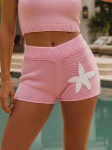 Women's Knit Shorts Casual Slim Fit Stylish Decorative Starfish Ribbed Elastic Mid Rise Shorts For Spring/Summer - Pink - View 3