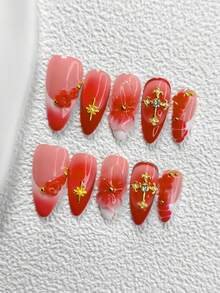 10pcs Romantic French Handmade Press-On Nails, Polygel Nail Art Set, Gradient 3D Flower, Star, Cross Pattern, Red & White Color, Playful & Cute Style, Includes Nail Tools, 3 Sizes Available, Almond/Duck/Coffin Shape, Suitable For Party, Dancing, Daily Wear - 彩色 - 查看 16